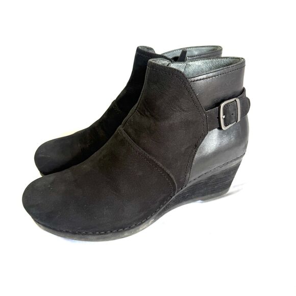 Dansko Shirley Black Wedge Bootie Side Zip Ankle Boots Women's Size 42 (11.5-12) - Picture 1 of 12